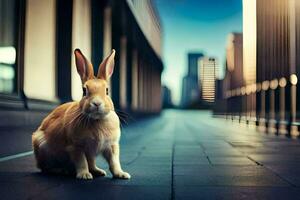 un Conejo sentado en el acera en frente de alto edificios generado por ai foto