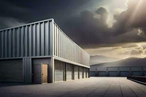 a large warehouse with a door and a sky. AI-Generated photo