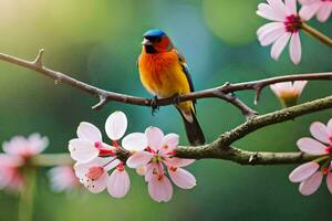 un vistoso pájaro se sienta en un rama con rosado flores generado por ai foto