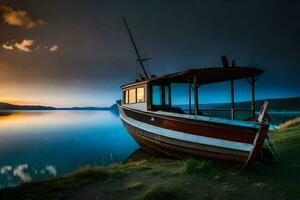 a boat sits on the shore at sunset. AI-Generated photo