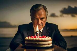 a man in a suit and tie is sitting in front of a cake with a lit candle. AI-Generated photo