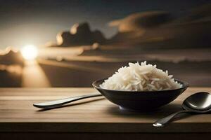 the rice is in a bowl and the spoon is on the table. AI-Generated photo