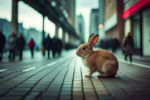 a rabbit sitting on the ground in a city. AI-Generated photo