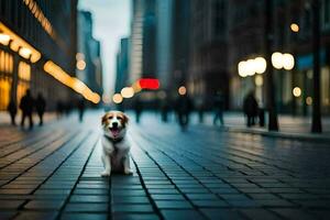 a dog sitting on the street in a city. AI-Generated photo