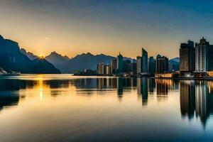 the sun rises over the city skyline in abu dhabi. AI-Generated photo