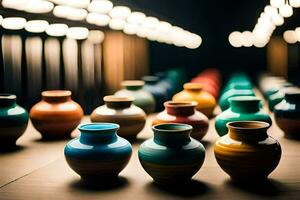 a row of colorful vases sit on a table. AI-Generated photo