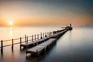 un muelle con un faro a puesta de sol. generado por ai foto