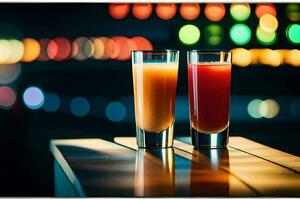 two glasses of juice on a table in front of a blurred background. AI-Generated photo