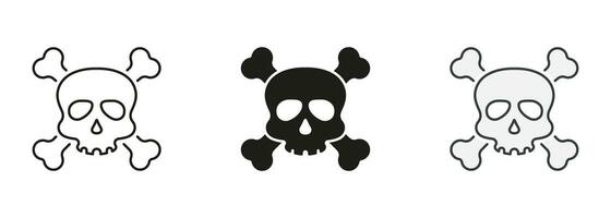 Skull with Crossbones for Celebration Halloween Line and Silhouette Icon Set. Toxic, Danger, Poison Symbol Collection. Skeleton Face with Cross Bones Pictogram. Isolated Vector Illustration.