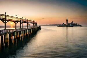 a pier with a lighthouse at sunset. AI-Generated photo