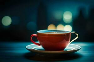 un taza de café en un mesa en frente de un paisaje urbano generado por ai foto