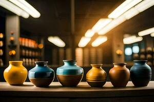 a row of vases on a wooden table. AI-Generated photo