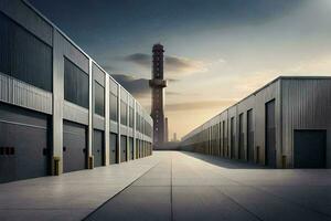 a long empty warehouse with a tall tower in the background. AI-Generated photo