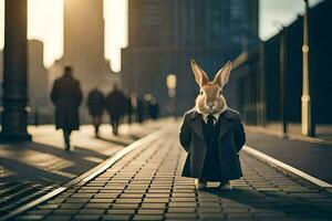 a rabbit dressed in a suit and tie standing on a street. AI-Generated photo