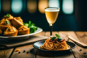 spaghetti and bread with a glass of wine. AI-Generated photo