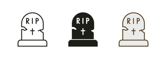 Tombstone on Grave Line and Silhouette Icon Set. Grave with RIP Text for Halloween Party Decorating Pictogram. Headstone, Rest in Peace Symbol Collection. Isolated Vector Illustration.