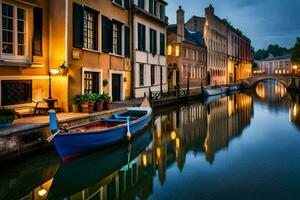 a boat is docked in a canal at night. AI-Generated photo