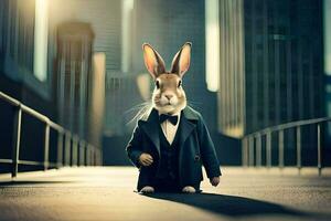 un Conejo vestido en un traje y atar. generado por ai foto