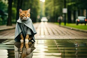 un gato en un impermeable en pie en un mojado calle. generado por ai foto