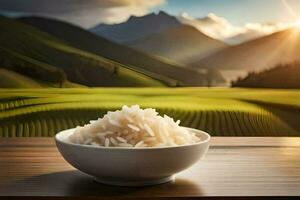 arroz en un cuenco en un mesa en frente de un montaña. generado por ai foto
