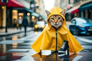 un gato vistiendo un amarillo impermeable y zapatillas. generado por ai foto