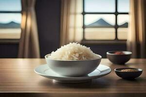 a bowl of rice sits on a table next to a bowl of spices. AI-Generated photo