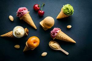various ice cream flavors in cones on a dark background. AI-Generated photo