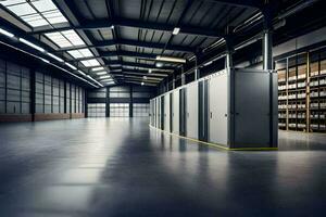 a large warehouse with several rows of storage cabinets. AI-Generated photo