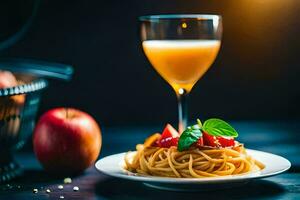 spaghetti with tomato and basil on a plate. AI-Generated photo