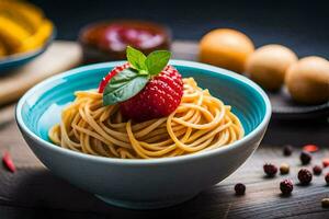 spaghetti with strawberries and tomatoes in a bowl. AI-Generated photo