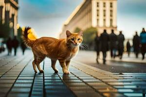 an orange cat walking on a brick sidewalk. AI-Generated photo