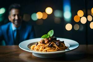 a man in a suit sitting at a table with a plate of pasta. AI-Generated photo