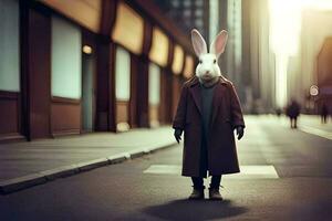a rabbit wearing a coat and hat stands in the middle of a city street. AI-Generated photo