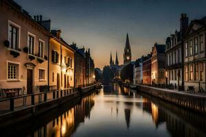 a canal in the middle of a city at dusk. AI-Generated photo