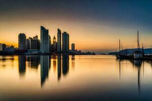 el ciudad horizonte es reflejado en el agua a puesta de sol. generado por ai foto