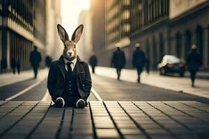 a rabbit in a suit sits on the ground in the middle of a city. AI-Generated photo