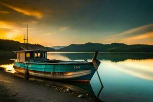 a boat sits on the shore of a lake at sunset. AI-Generated photo