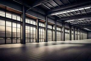 an empty warehouse with large windows and lots of light. AI-Generated photo