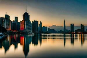 el ciudad horizonte es reflejado en el agua a puesta de sol. generado por ai foto