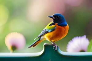 a colorful bird sits on a green bench. AI-Generated photo