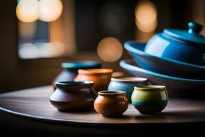 a table with several colorful ceramic bowls and pots. AI-Generated photo