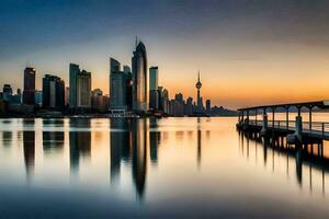 el ciudad horizonte es reflejado en el agua a puesta de sol. generado por ai foto