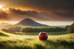 un manzana en un campo con un montaña en el antecedentes. generado por ai foto