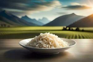 a bowl of rice on a table in front of a mountain. AI-Generated photo