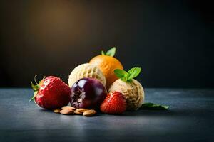 Fresco frutas y nueces en un oscuro antecedentes. generado por ai foto