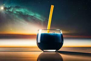 a glass of blue drink with a straw in front of a night sky. AI-Generated photo