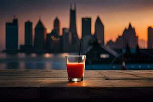 a glass of juice sits on a table in front of a city skyline. AI-Generated photo