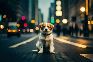 a dog sitting on the street in front of a city. AI-Generated photo