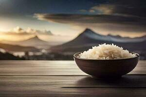 rice in a bowl on a table with mountains in the background. AI-Generated photo