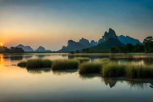 the sun sets over mountains and water in a lake. AI-Generated photo